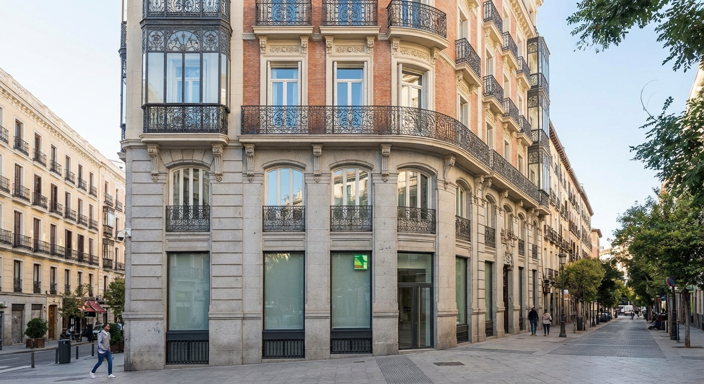 Madrid building facade classic architecture with balconies