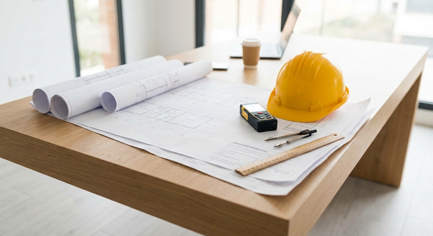 Architect blueprints on table with measuring tools and hardhat