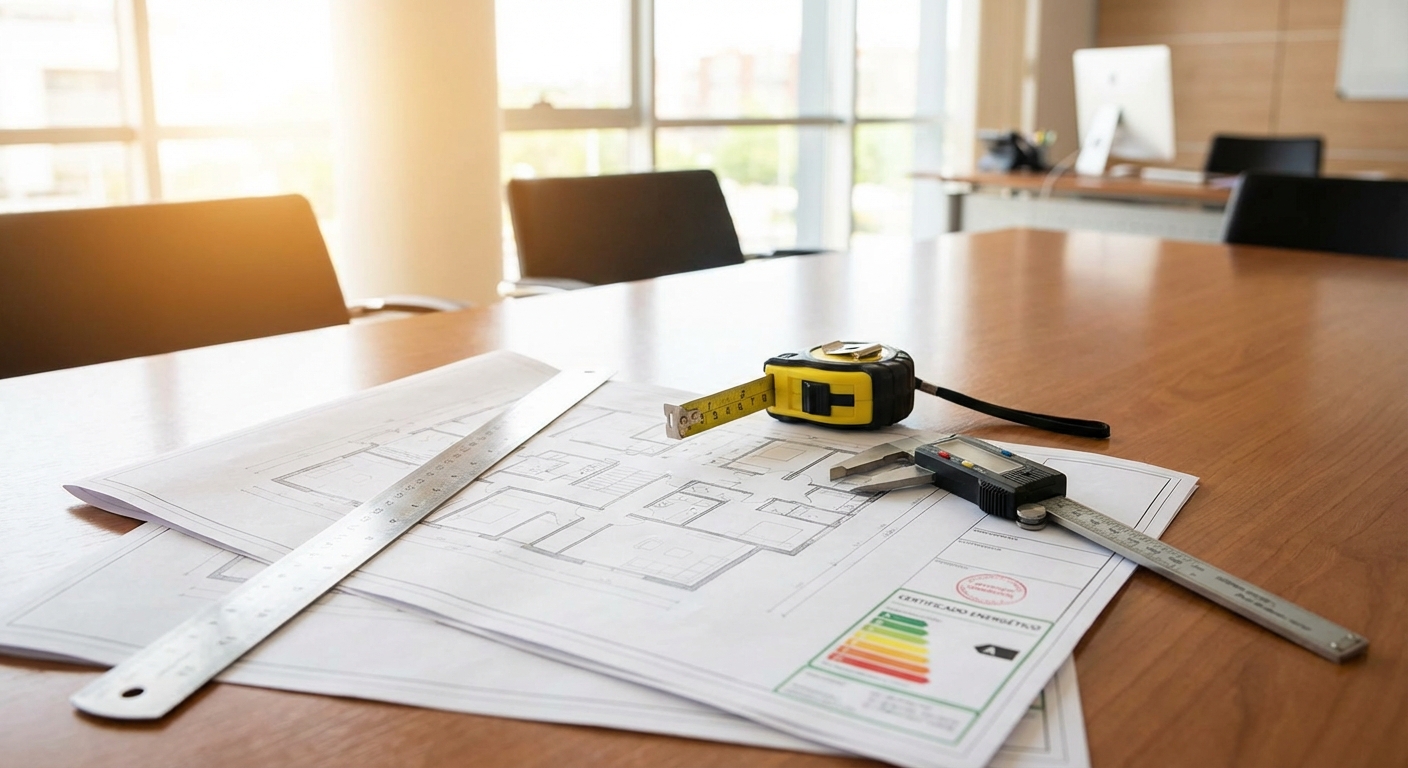 architect blueprints on table with measuring tools