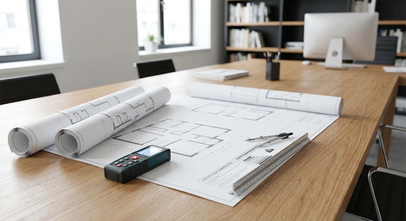 architect blueprints on table with measuring tools