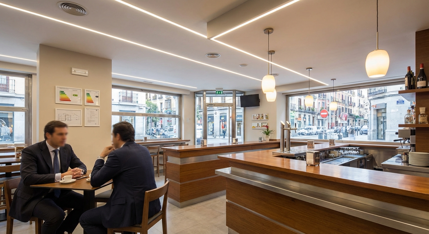 Madrid bar interior with modern lighting and bar counter