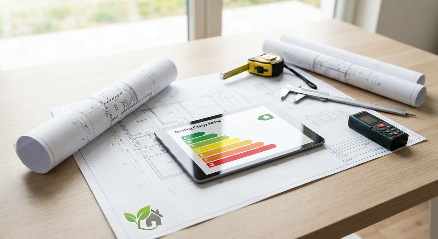 architect blueprints on table with measuring tools