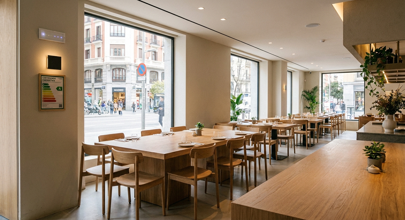 Madrid restaurant interior with spacious dining tables and accessible pathways