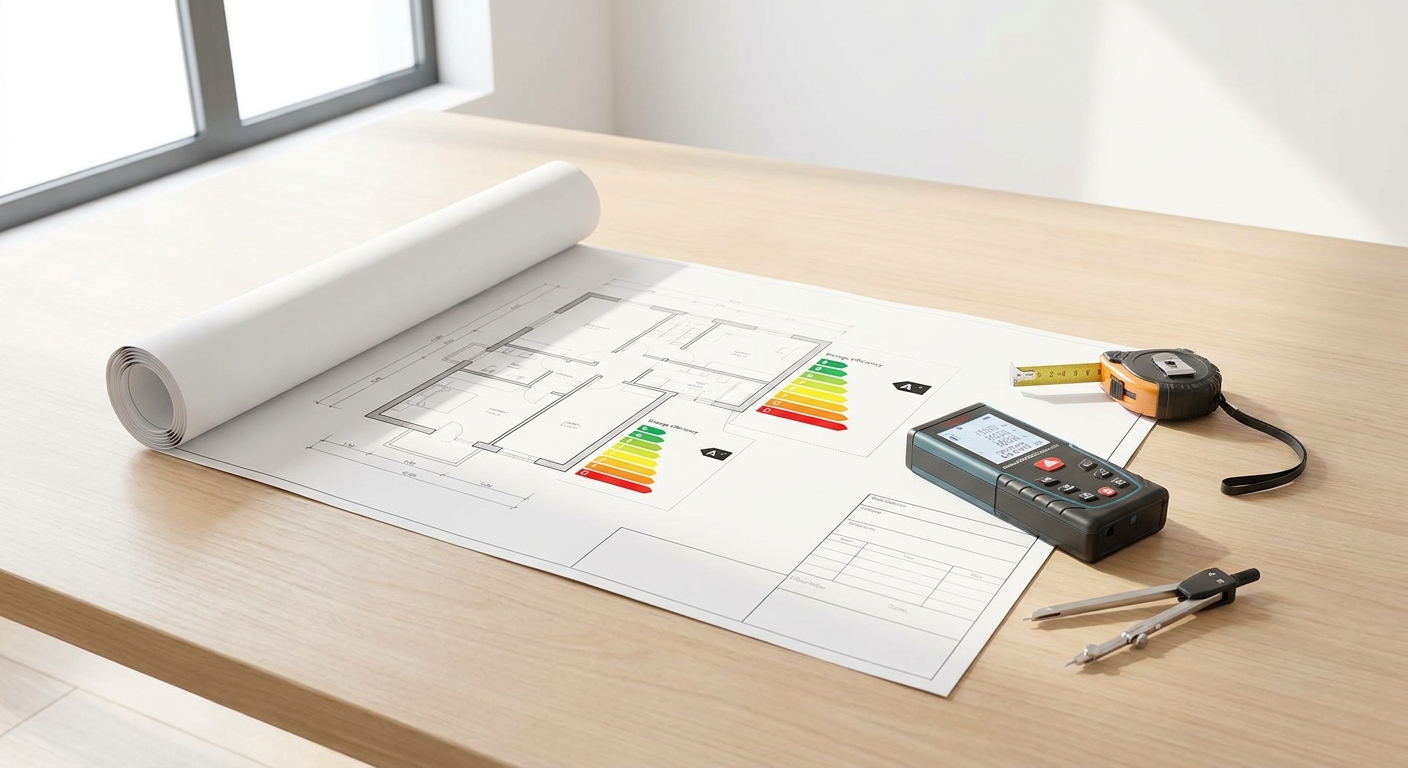 architect blueprints on table with measuring tools