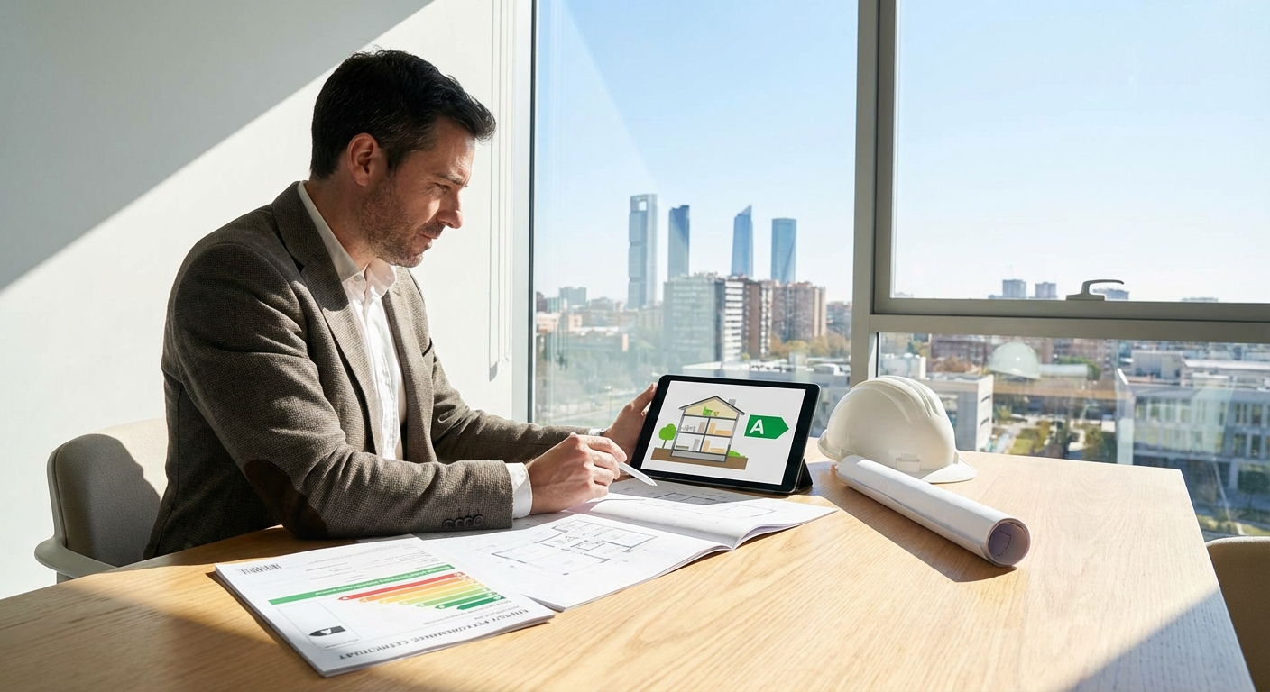 architect reviewing blueprints energy efficiency