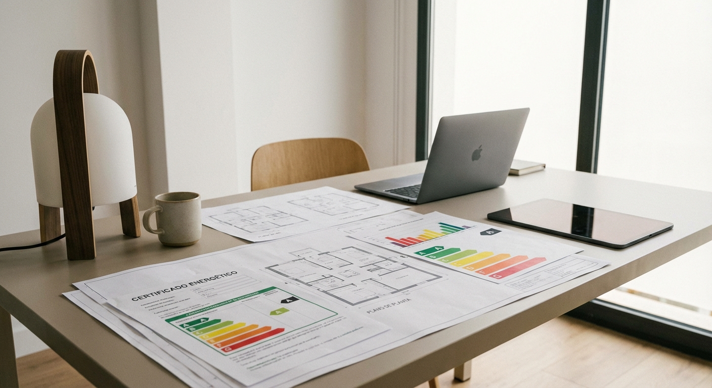 Architectural blueprints and energy efficiency charts on a desk