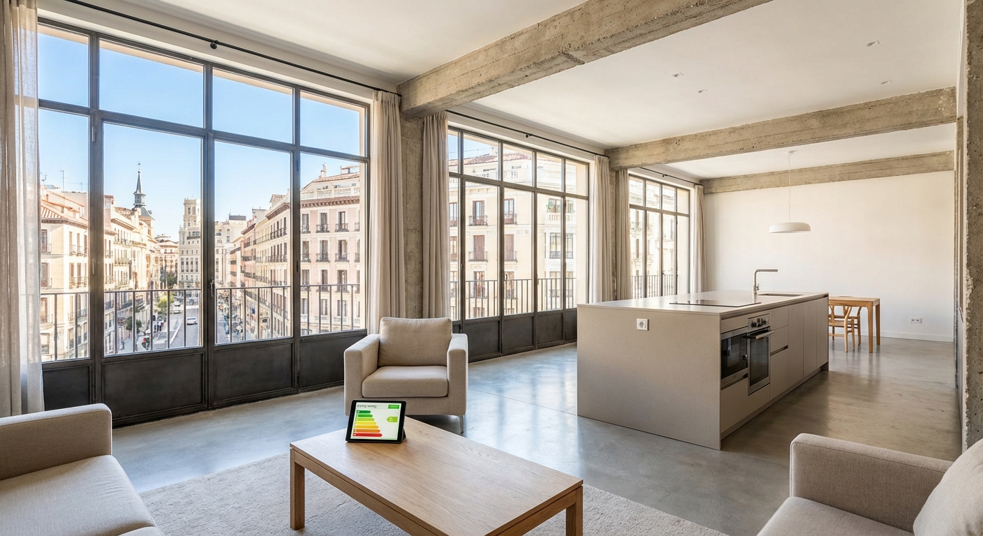 Modern bright apartment interior converted from a commercial space in Madrid