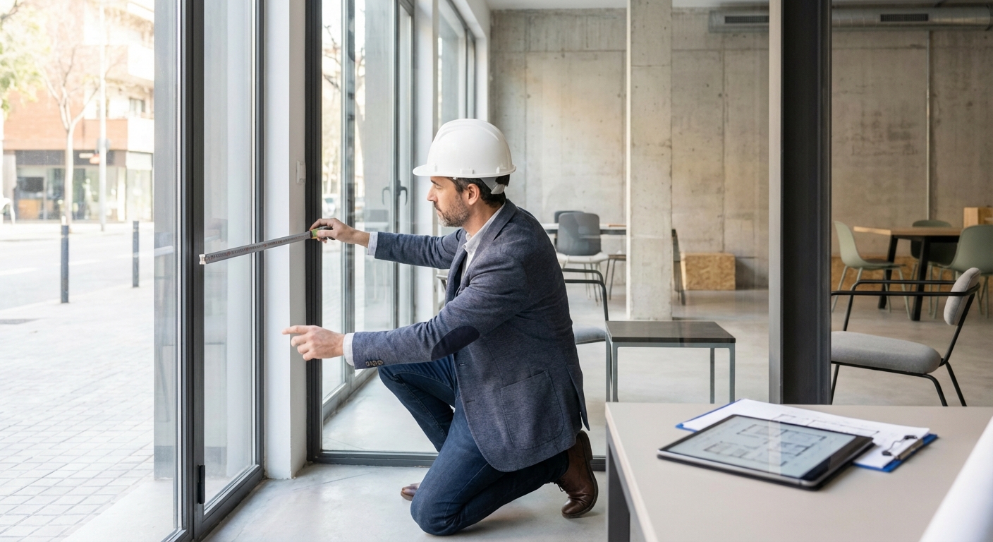 Architect inspecting a commercial ground floor space with measuring tape