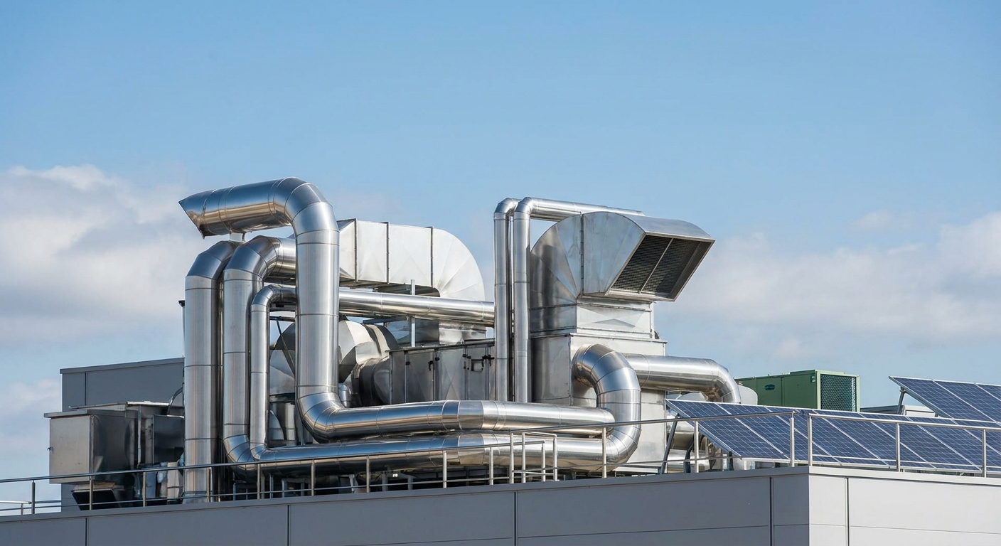 stainless steel ventilation ducts on building roof against blue sky