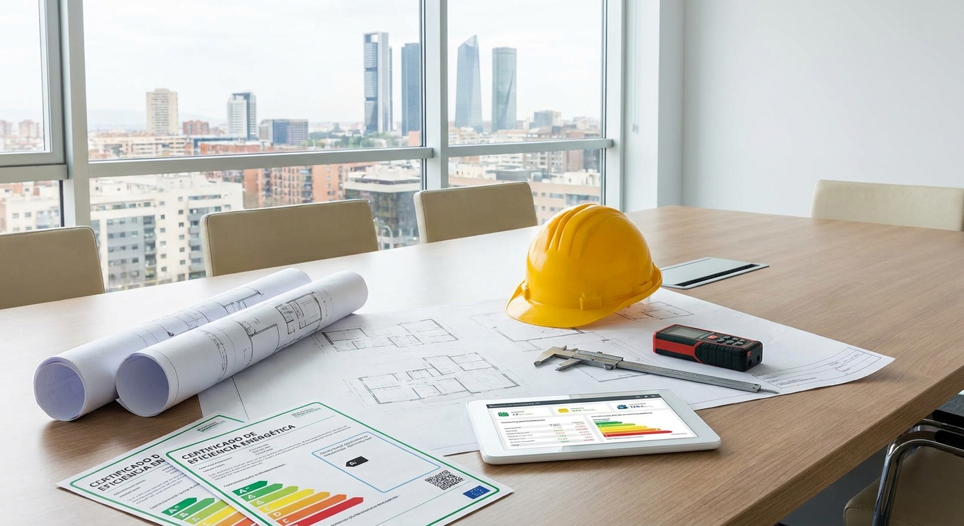 architect blueprints on table with measuring tools and hardhat