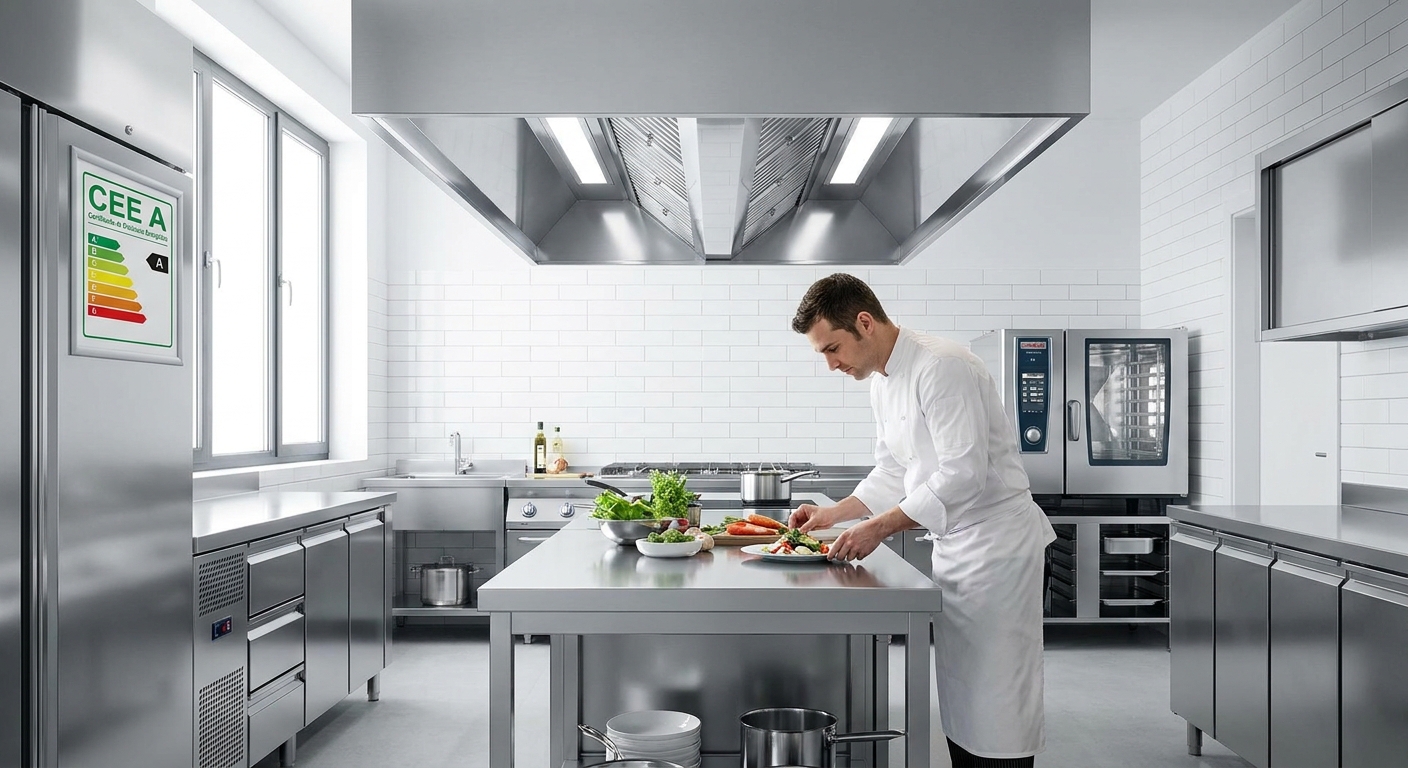 commercial kitchen interior with stainless steel hood and chef preparing food