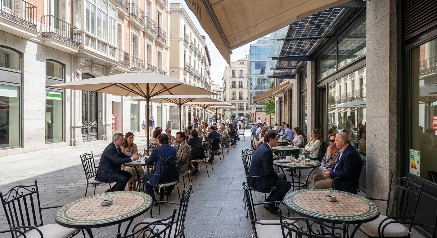 Madrid street cafe terrace with tables and chairs in a pedestrian street