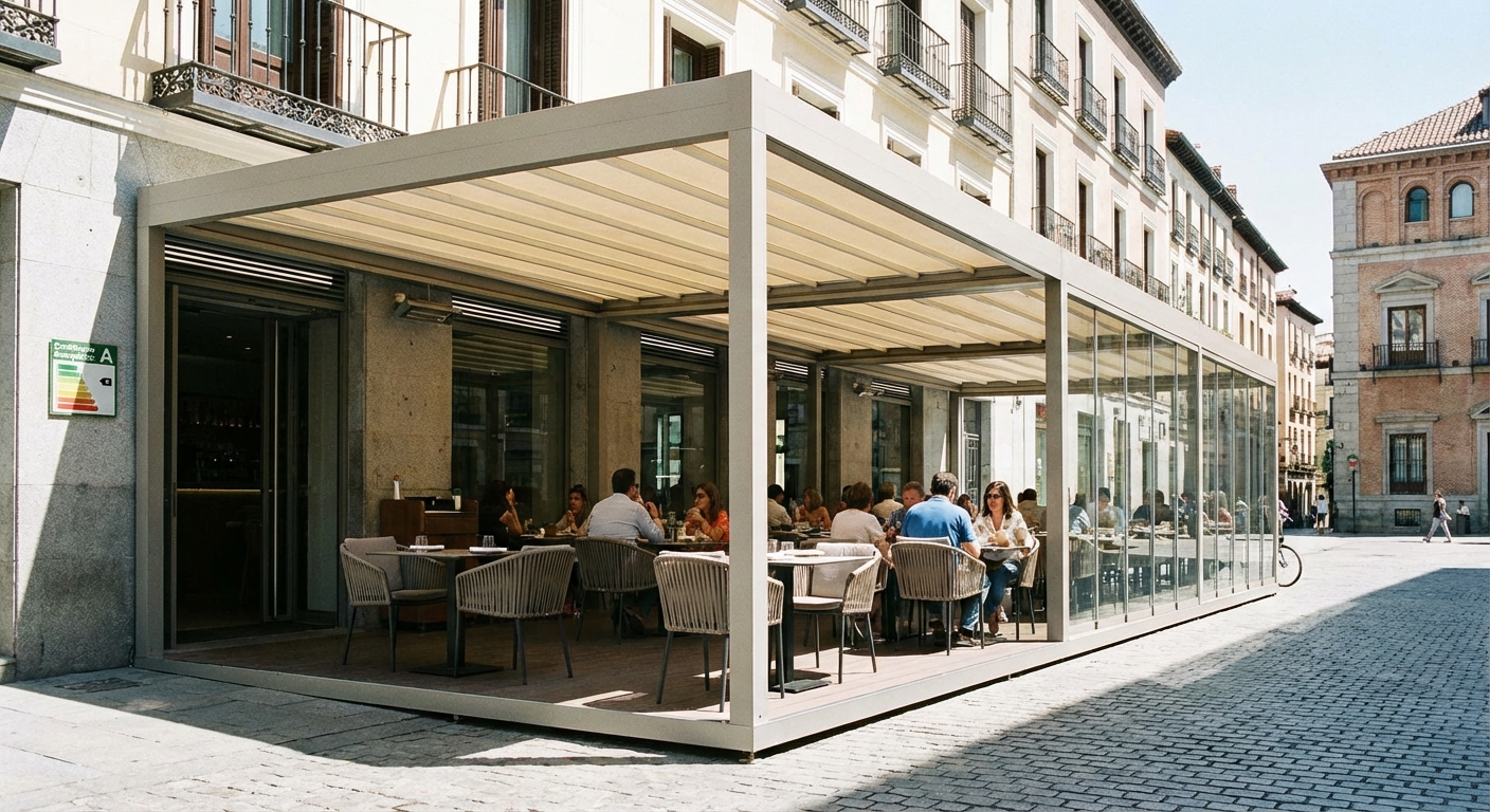 Madrid restaurant terrace with modern structural awning and glass enclosures