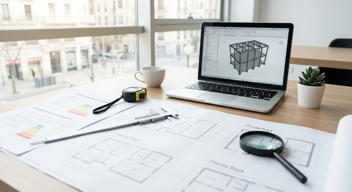 architect blueprints on table with measuring tools and laptop showing structural plans