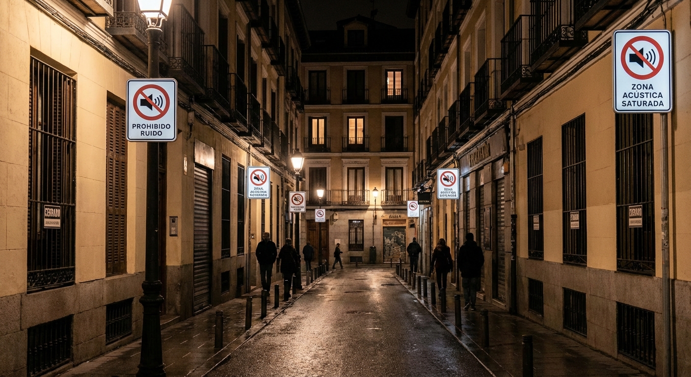 Madrid street at night with closed bars and noise restriction signs