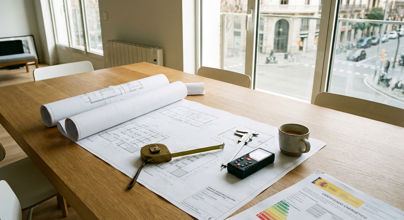 Architect blueprints on table with measuring tools and a coffee cup